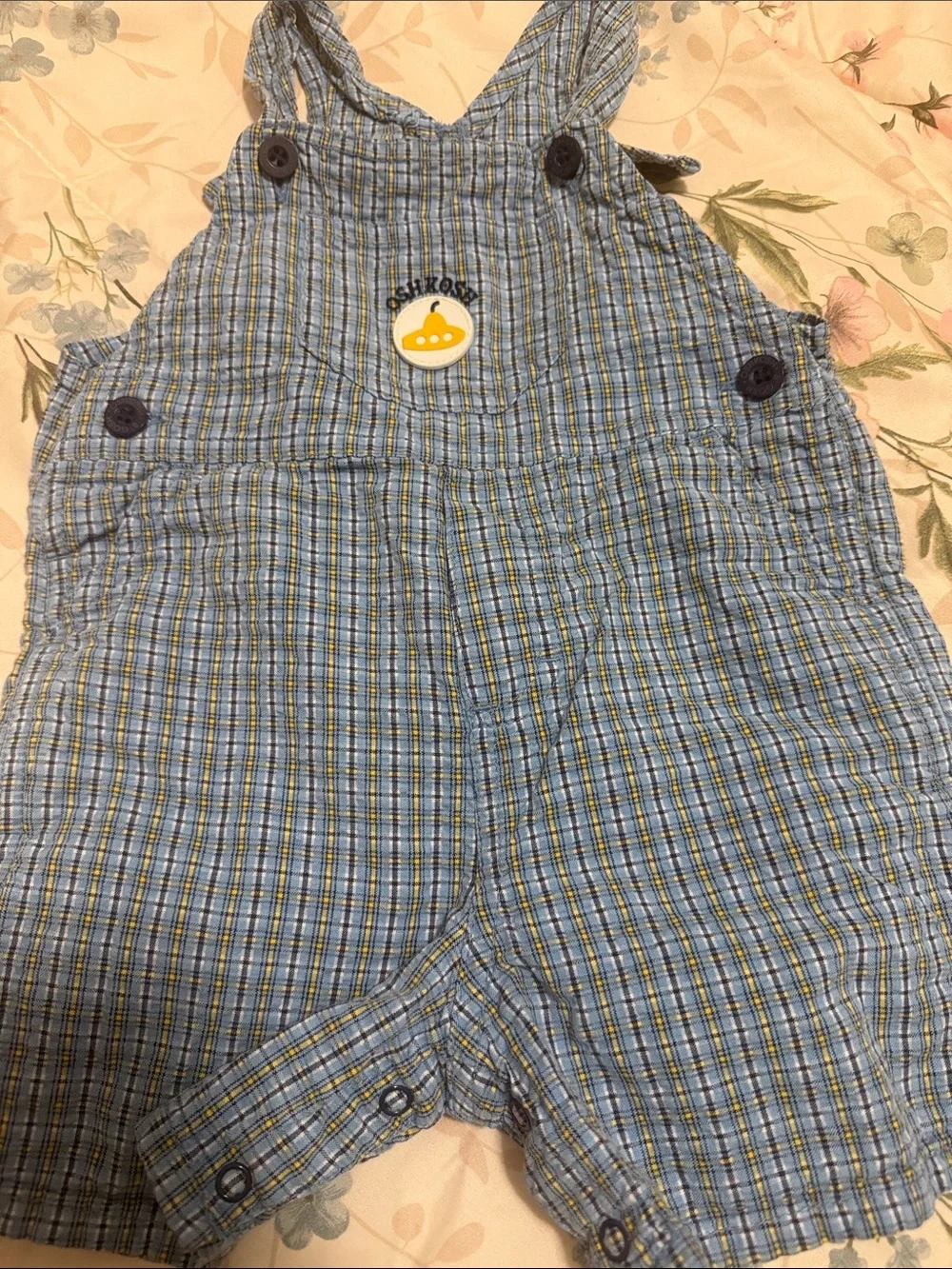OshKosh B'gosh Blue dungarees cotton Plaid Overalls with Yellow Patch size 12M